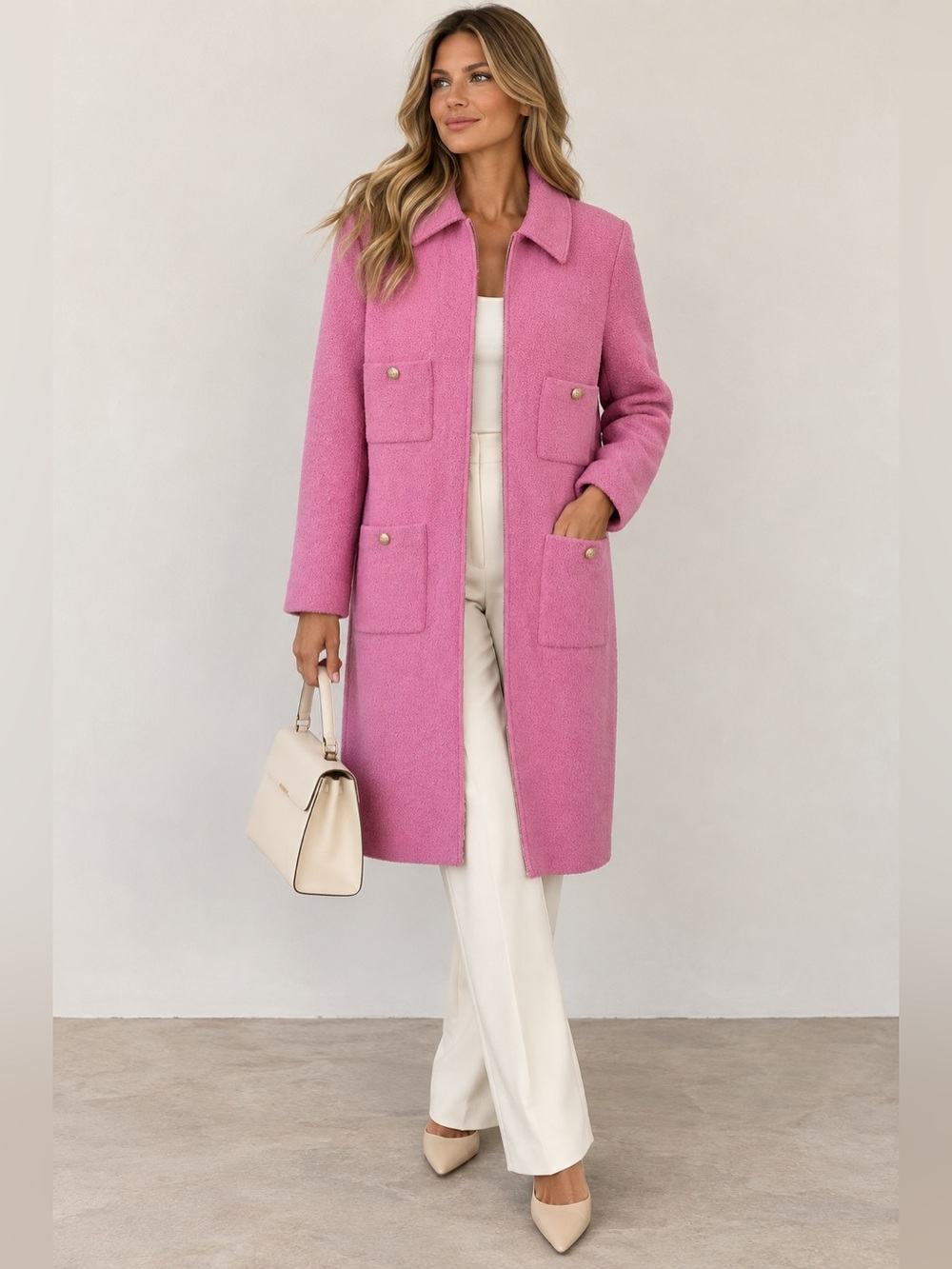 St. John Collection Marie Gray Pink Knit Long Coat Jacket
